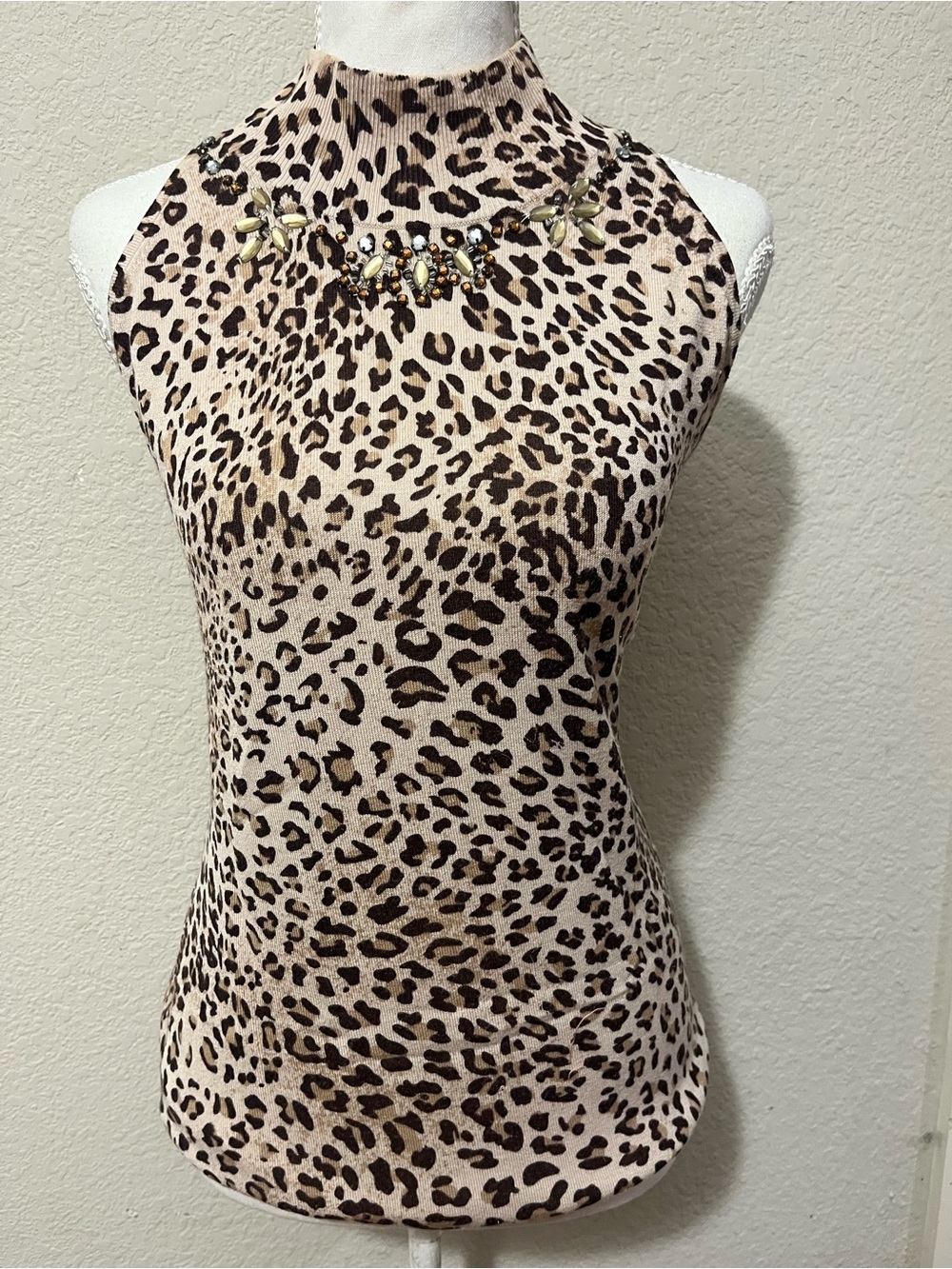 Vertigo Paris Leopard Print Halter Tank Top with Jewel Neckline